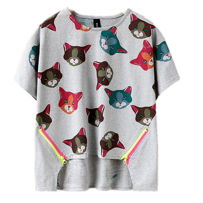 2024学院风夏装少女短袖T恤rough可爱猫头亮片时尚休闲半袖女装t