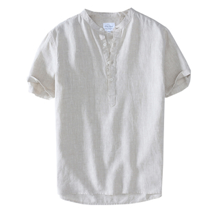 莎芭绮白色短袖立领纯亚麻衬衫男休闲麻料上衣棉麻半袖衬衣男T恤