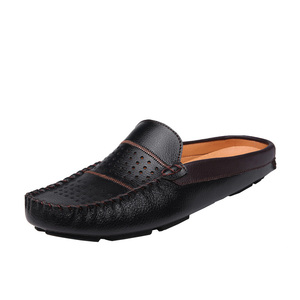 新款夏季真皮豆豆半拖男透气拖鞋男士休闲鞋包头懒人英伦牛皮凉鞋