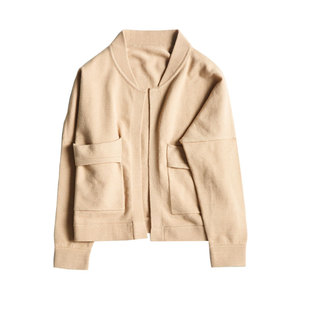 秒98￥ 通勤纯色棒球服款针织衫女开衫 宽松显瘦口袋夹克毛衣外套