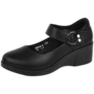 方尚黑色防滑工作鞋女软底坡跟真皮上班软皮久站女鞋单鞋舒适皮鞋