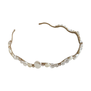 韩国手工超仙复古少女甜美波浪珍珠水钻发箍细边外出压发头箍头饰