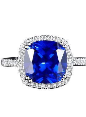 蓝宝石戒指925纯银镶嵌6.5克拉方形彩宝坦桑色珠宝指环镀18K金女