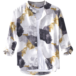 迷彩冰丝亚麻衬衫男七分袖立领宽松海边度假沙滩防晒衣服棉麻衬衣