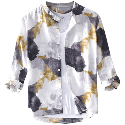 迷彩冰丝亚麻衬衫七分袖立领