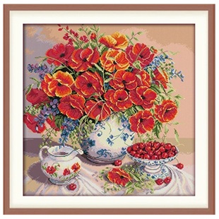 自己绣红色罂粟十字绣花瓶2026新款红红火火油画款线绣小格子花卉