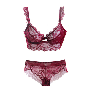 女人的秘密加宽带围超薄棉透视睫毛蕾丝女性感红色内衣文胸罩套装