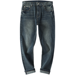 赤耳丹宁九分牛仔裤男款冬港风直筒宽松休闲复古锥形小脚裤子