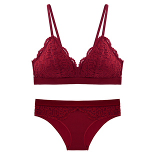性感蕾丝法式三角杯文胸套装红色本命年新娘结婚无钢圈小胸内衣女