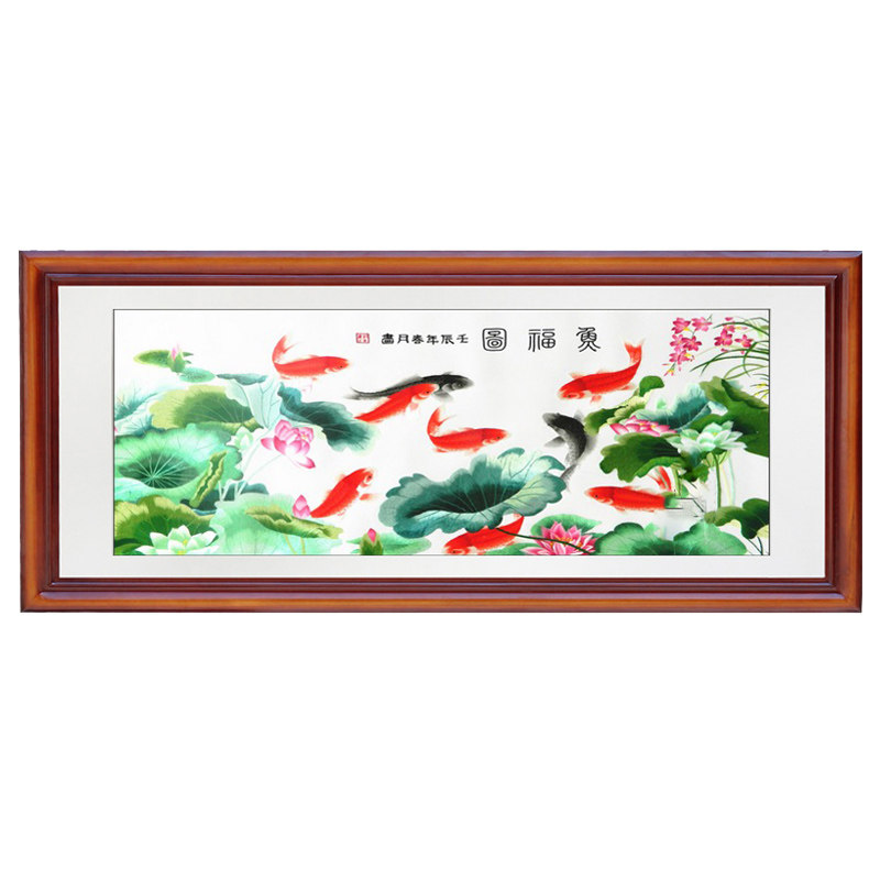 苏绣真丝刺绣成品客厅荷花鲤鱼