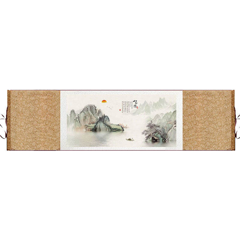 旭日东升山水情国画书房客厅挂画横幅丝绸画招财山水办公室装饰画
