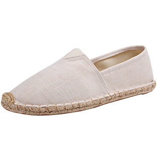 夏季一脚蹬草编帆布渔夫鞋男亚麻底懒人休闲鞋中国风老北京麻布鞋