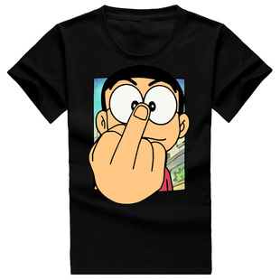 夏季男女全纯棉衣服T恤衫短袖哆啦a梦机器猫野比大雄竖中指比中指