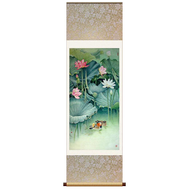 荷花国画家居风水丝绸卷轴