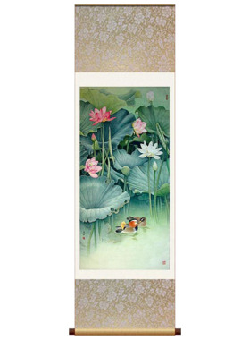 荷花国画家居风水丝绸卷轴