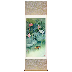 荷花国画家居风水丝绸卷轴