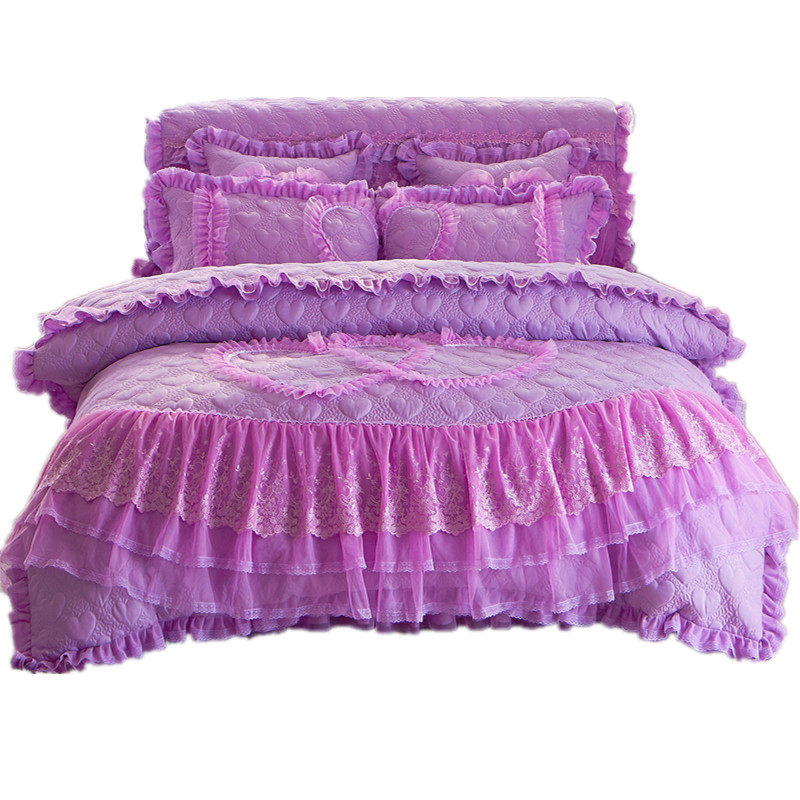 韩版公主蕾丝夹棉床裙四件套1.8米2m双人纯色加厚床罩四五多件套