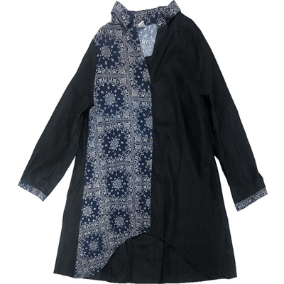 文艺不规则长款翻领拼接麻料衬衫