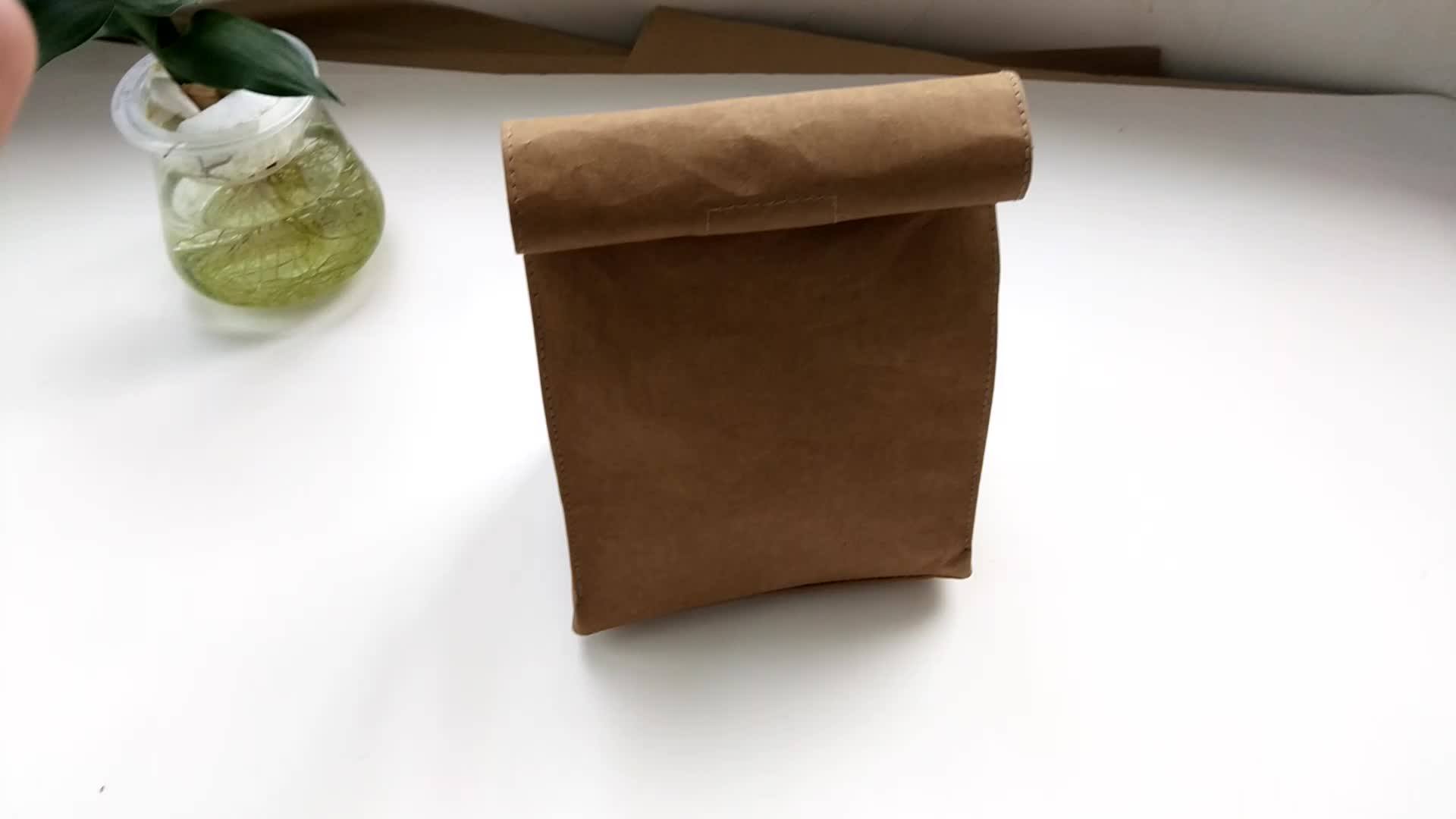 Grey Washable Paper Lunch Bag With String Tie And Buttons,Kraft Fabric