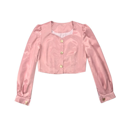 9分袖上衣粉色复古方领