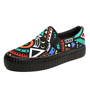 春款女士低帮帆布鞋韩版学生平底涂鸦女布鞋休闲黑底一脚蹬懒人鞋