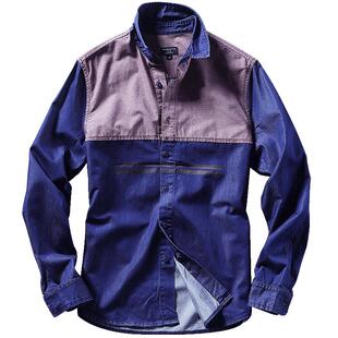 match麻吉牛仔衬衣男长袖休闲男青年方领衬衫潮男士拼接上衣2012