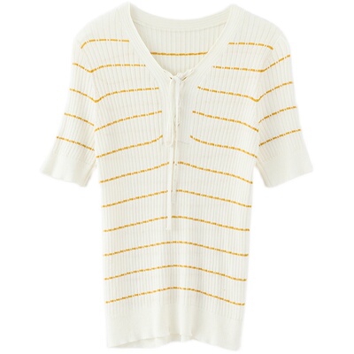 nowshow朗香米白系带条纹毛衣