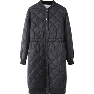 英单 抽绳收腰绗缝菱格棒球服外套欧美风中长款修身棉服女士棉衣