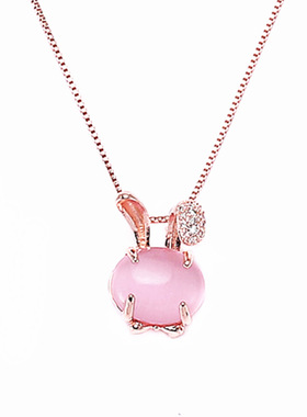 925纯银粉水晶项链潮芙蓉石兔子