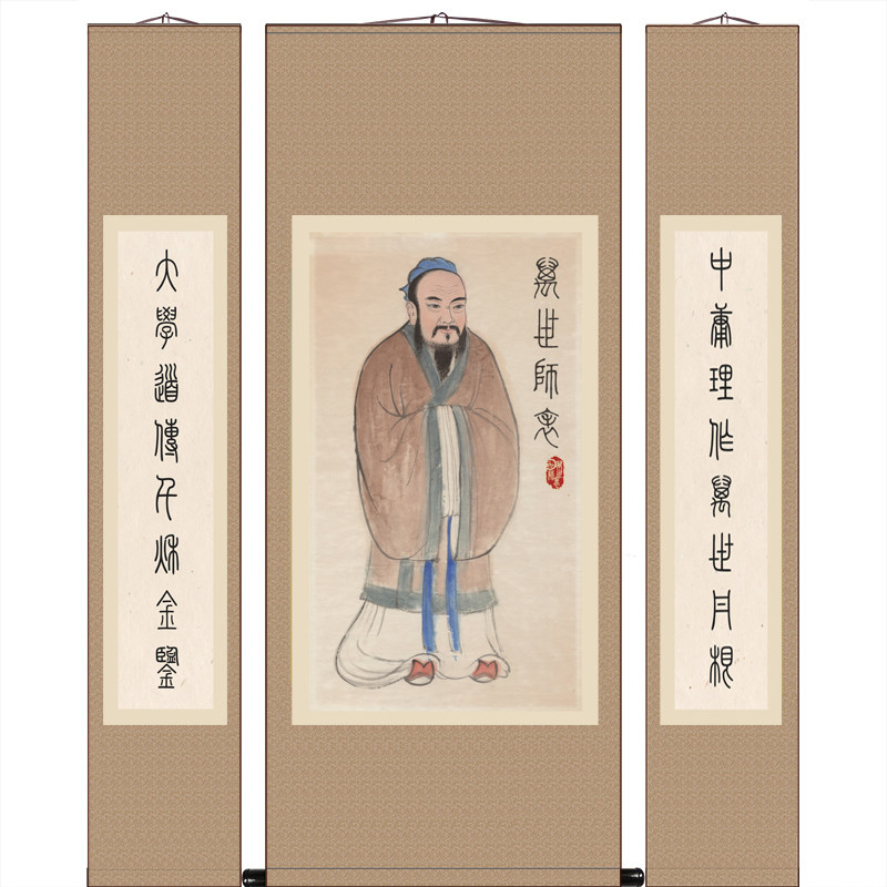 中堂孔子画像 丝绸画 古人物孔夫子卷轴画 客厅书房学校装饰挂画