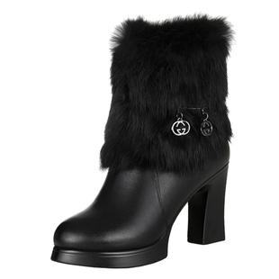 冬季女靴妈妈高跟鞋加绒皮鞋女鞋真皮兔毛短靴女士皮靴加厚大棉鞋