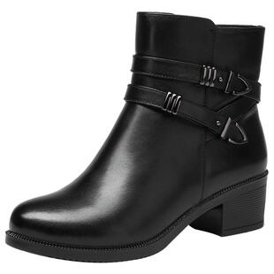 红蜻蜓女鞋冬季新款粗跟短靴牛皮中跟加绒保暖舒适透气防滑妈妈鞋