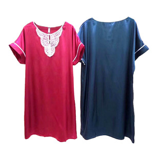 莉安琪正品专柜新款短袖长睡裙仿真丝蕾丝领花边女睡衣家居服