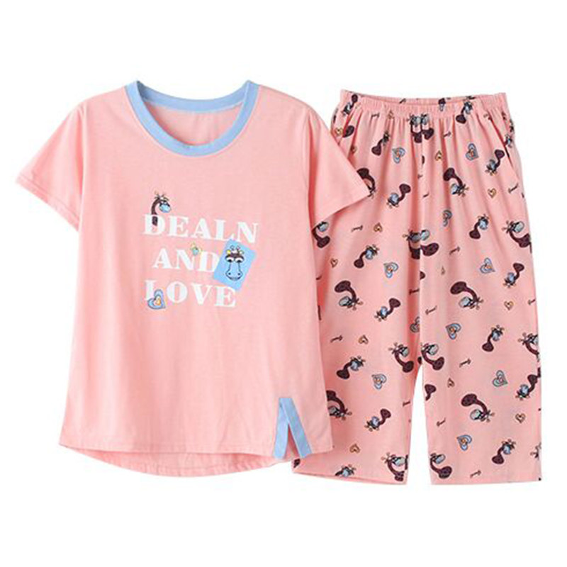 夏款睡衣短袖女士纯棉七分裤夏季胖mm大码宽松薄款家居服中裤套装