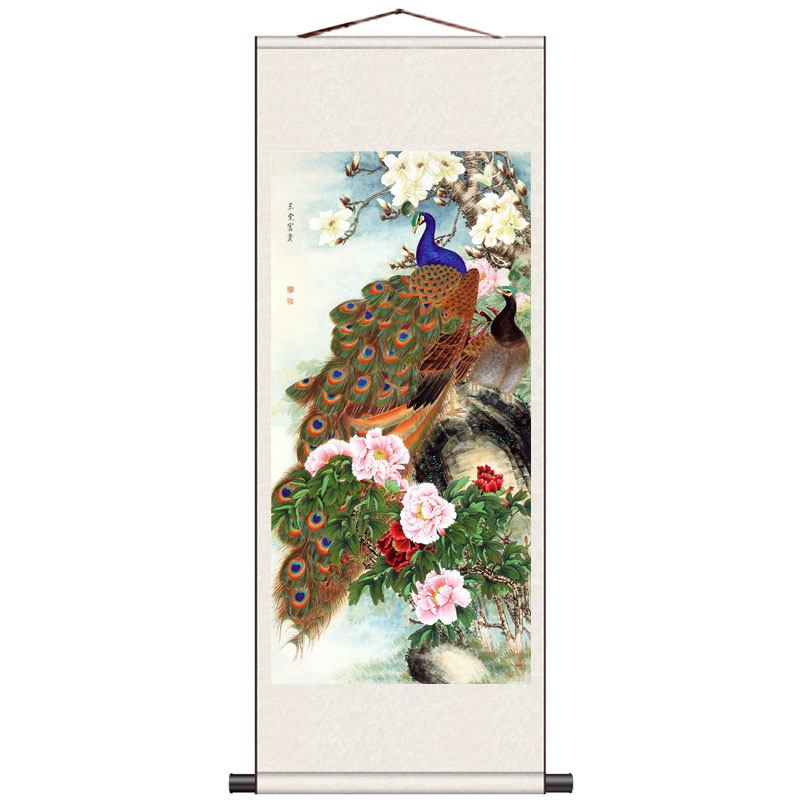 丝绸卷轴挂画国画花鸟画丹凤朝阳富贵孔雀家居装饰画牡丹小鸟竹子