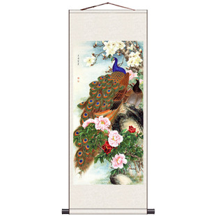 丝绸卷轴挂画国画花鸟画丹凤朝阳富贵孔雀家居装饰画牡丹小鸟竹子