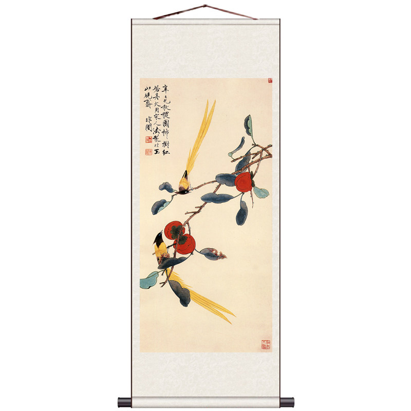 丝绸挂画石榴小鸟白菜蝴蝶风水挂画花鸟画卧室客厅玄关挂画招财画