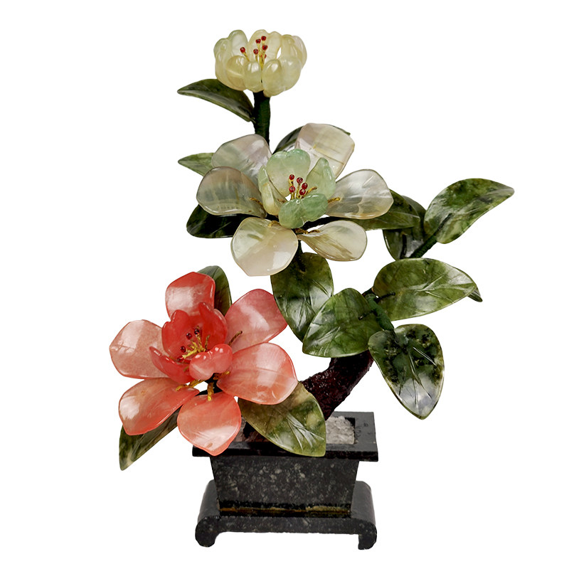 玉石牡丹花盆景摆件玉器工艺品