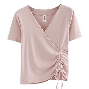 夏季韩版V领修身短袖上衣体恤抽绳纯棉女装T恤牛油果绿色网红高腰