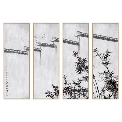 新中式风徽派建筑茶室禅意装饰画