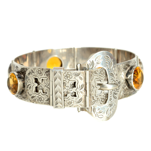 SOLD收藏级Victorian天然老黄晶财富石纯银满錾花皮带扣古董手镯
