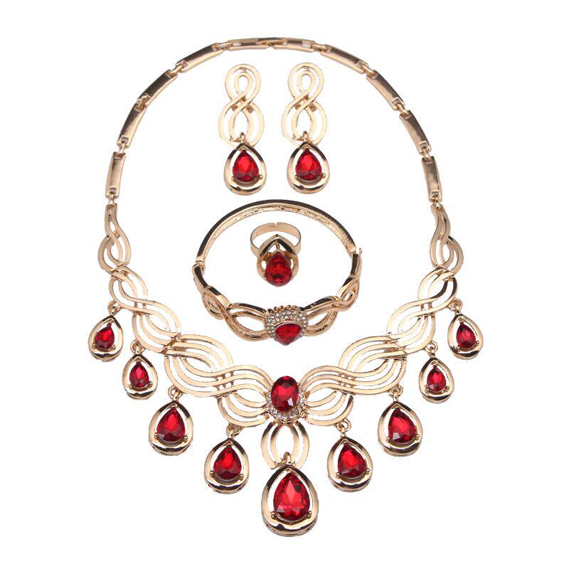 欧美夸张朋克风格红宝石四件套环保合金首饰套装女新娘礼服饰品