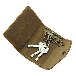 手工疯马皮钥匙包大容量卡位牛皮多功能锁匙扣可放零钱男士复古