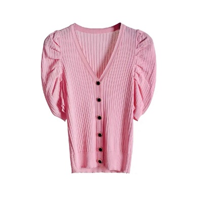 夏季复古v领冰丝短袖t恤针织开衫