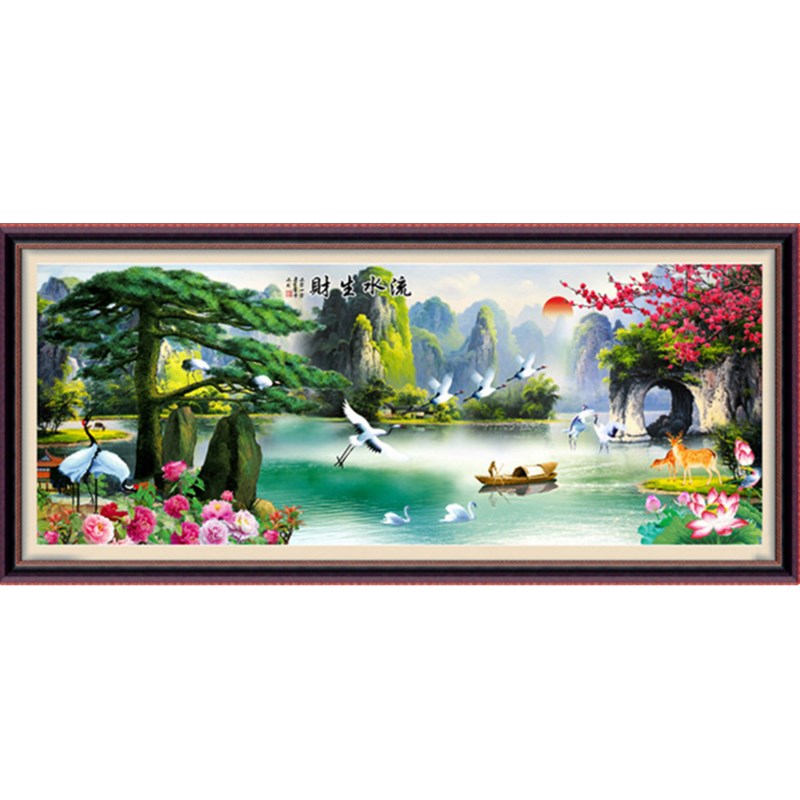 新款风景十字绣流水生财迎客松