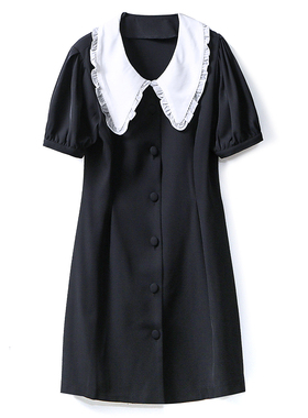 夏季新款法式复古娃娃衫连衣裙赫本风小个子翻领气质雪纺小黑裙