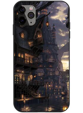 唯美水之都市手绘插画小众全包手机壳适用iPhone16液态硅胶小米13/12/14苹果15ProMax华为安卓光面玻璃保护壳