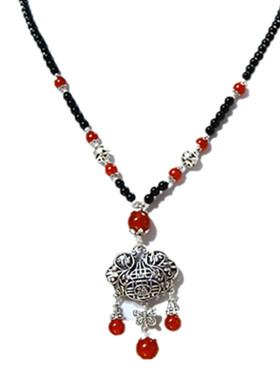 复古玛瑙长命锁挂件饰品圆珠链