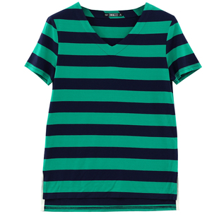 夏装纯棉胖MM妈妈短袖t恤女v领条纹大码体恤宽松半袖打底衫女上衣