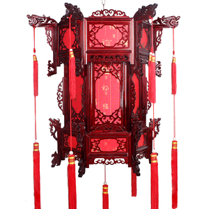 中式仿古实木宫灯户外防水春节阳台大红灯笼过年茶楼广告羊皮吊灯